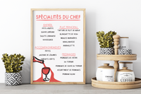 Das Poster für die Küche oder das Esszimmer zeigt dir eine französische Speisekarte mit unterschiedlichen französischen Gerichten. 