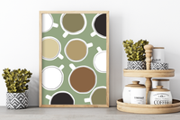 Dieses Poster für die Küche zeigt minimalistisch dargestellte Kaffeetassen in Braun und Grün.