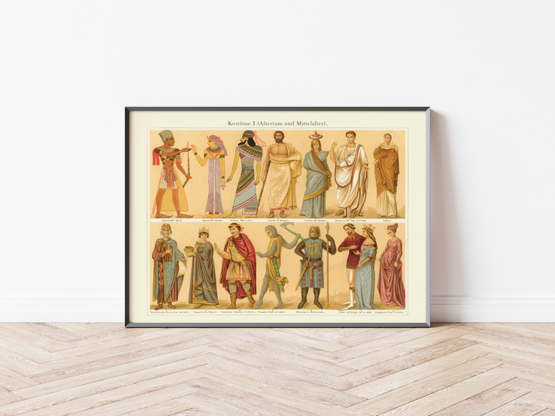 Das Poster von alten Kostümen und Mode ist eine Vintage Lithographie aus Meyers Koversations-Lexikon aus dem Jahr 1890