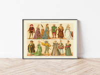 Das Poster von alten Kostümen und Mode ist eine Vintage Lithographie aus Meyers Koversations-Lexikon aus dem Jahr 189