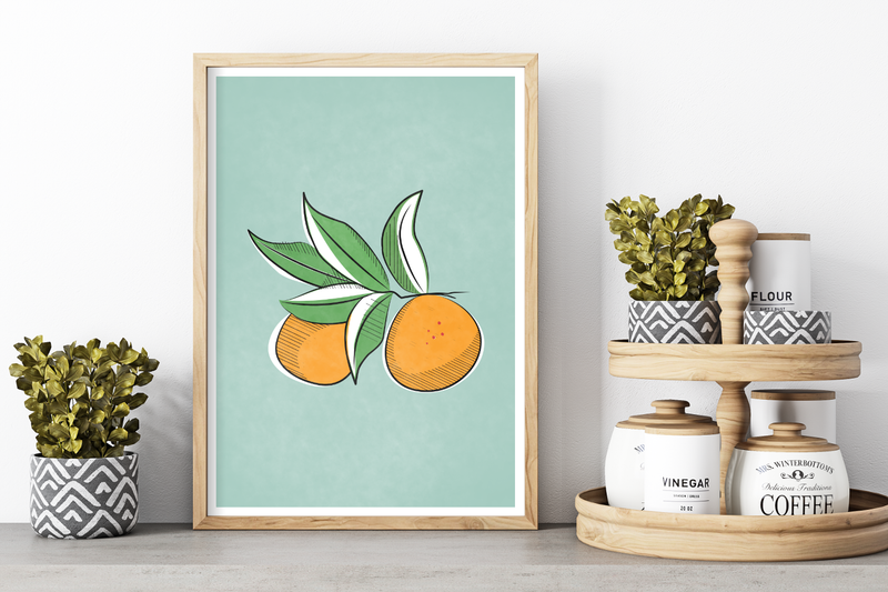 Dieses Poster zeigt dir einen Zweig mit Orangen. 