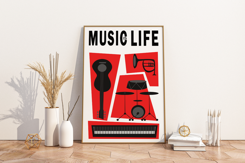 Retro Musik Poster im zeitgenössischen Stil mit verschiedenen Instrumenten. 