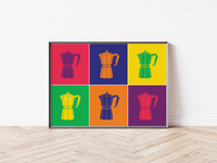 Das tolle Poster für die Küche zeigt dir im Pop Art Stil 6 Espressomaschinen. 