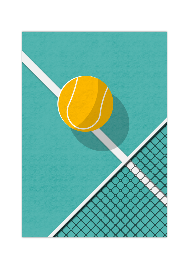 Das minimalistische Tennis Poster zeigt ein Tenniscourt und einen GelbenTennisball. 