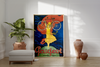 Bei dem Poster handelt es sich um den Nachdruck einer französischen Fahrrad-Werbung für Peugeot Fahrräder auf dem eine heroische Frau ein Fahrrad hält. 