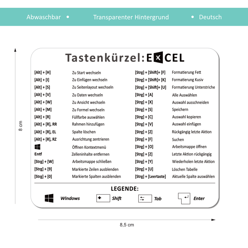 Aufkleber Tastenkürzel Excel für Windows | Laptop Shortcuts transparent