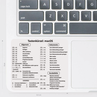 er abwaschbare Aufkleber zeigt die nützlichsten deutschen Tastenkürzel für MacOS.