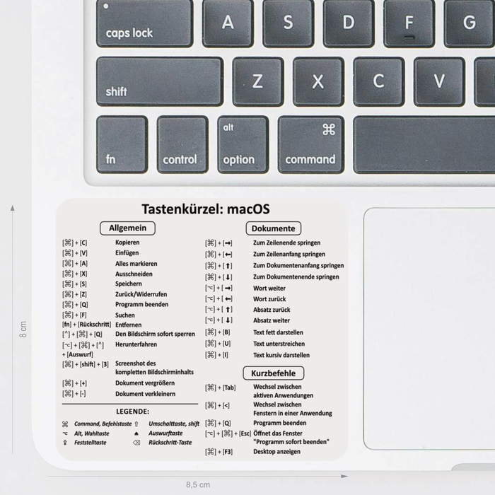 er abwaschbare Aufkleber zeigt die nützlichsten deutschen Tastenkürzel für MacOS.