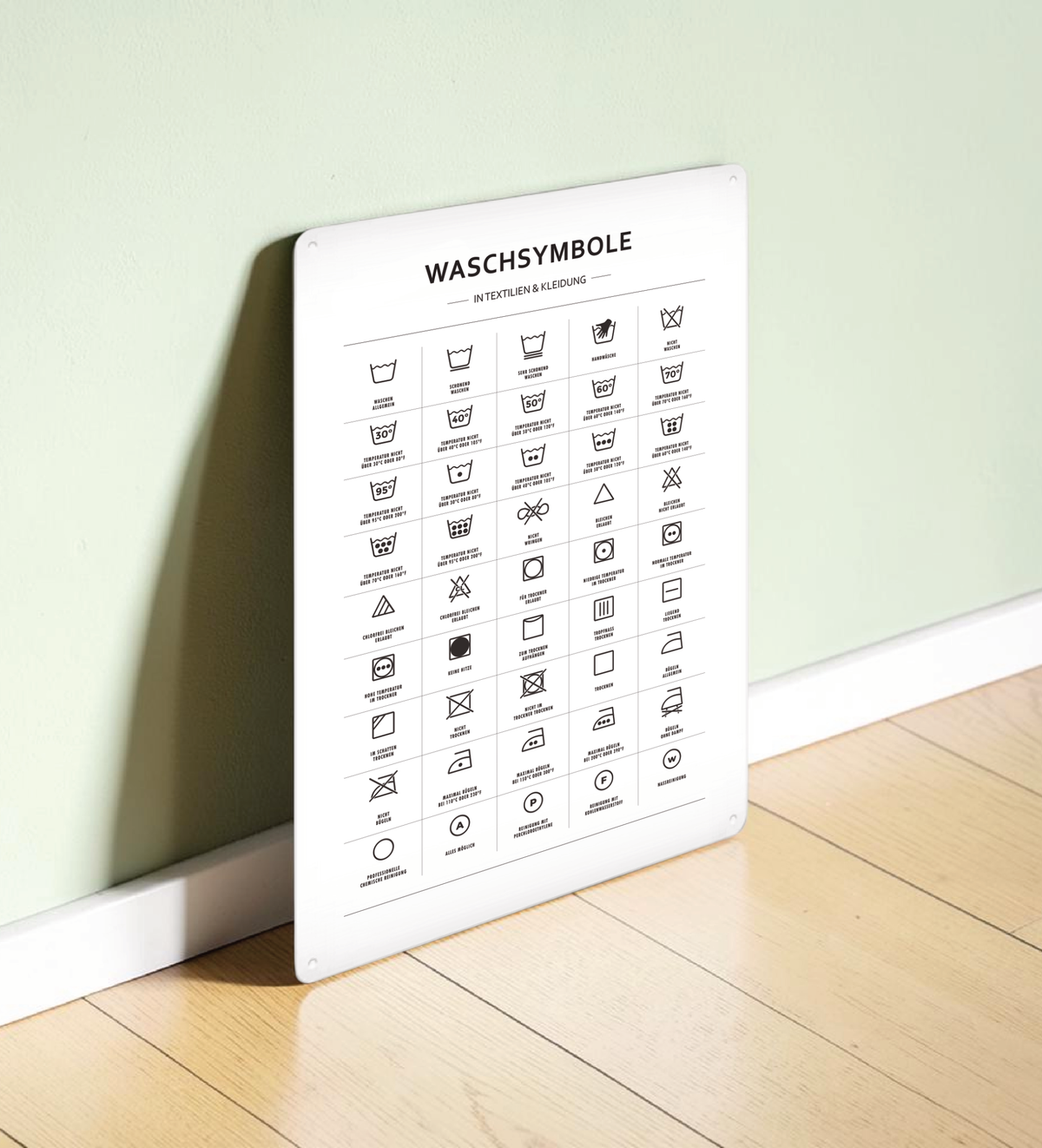 Metall Schild mit Waschsymbolen im A3-Format– ideal für Waschküche oder Badezimmer. Lichtbeständiger UV-Direktdruck - 4/0-farbig bedruckbar. Mit kleinen Vorbohrungen zum Befestigen.