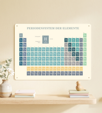 Ein rechteckiges Metallschild im A3-Format mit dem deutschen Periodensystem der Elemente. Der Hintergrund ist cremeweiß, die Element-Kästchen sind in harmonischen Blau- und Petroltönen sowie Gelb- und Grautönen gestaltet. Die Ecken sind abgerundet und haben dezente Vorbohrungen.