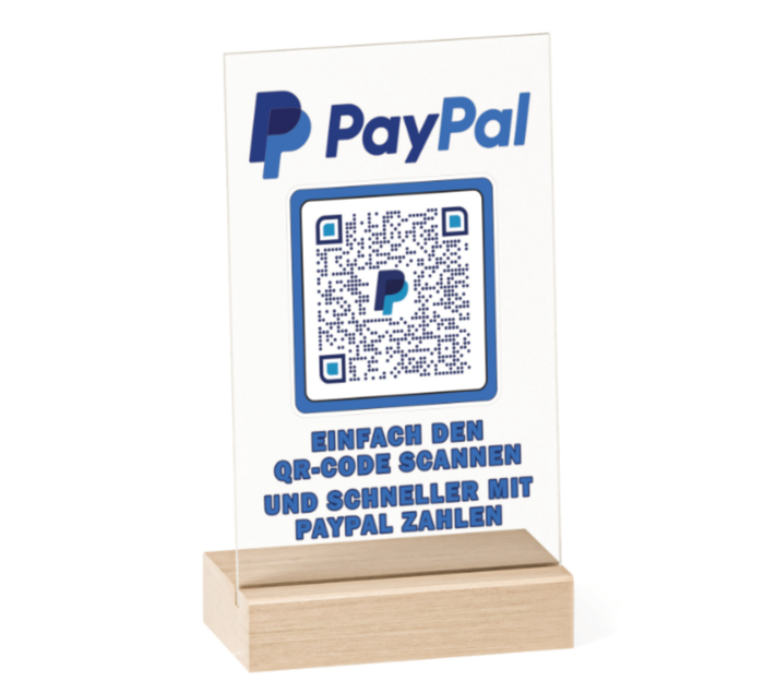 Dieses Acryl-Schild mit Holzfuss ist perfekt, um schnell Bezahlungen über PayPal abzuwickeln. 