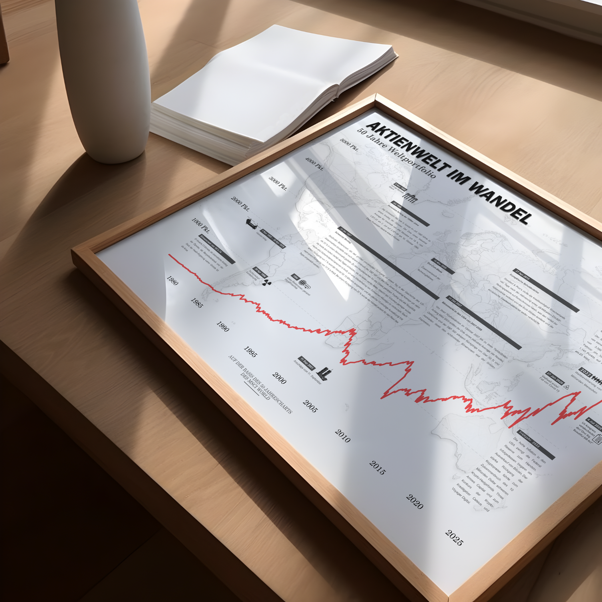 Minimalistisches Börsenposter mit historischem Weltaktien‑Chart auf Basis des MSCI World, dekoratives Finanz‑Poster für Büro und Wohnzimmer.