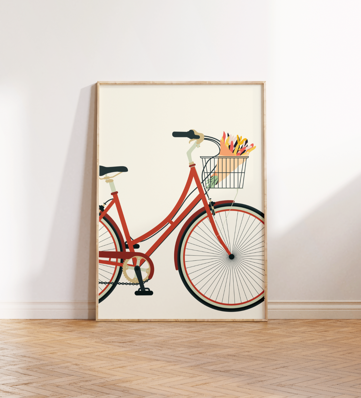 Vintage-inspiriertes Poster mit rotem Damenfahrrad auf beigem Hintergrund, wahlweise mit Blumenstrauß oder Weihnachtsbaum im Korb – minimalistisches Design als Wanddeko für Frühling oder Weihnachten.