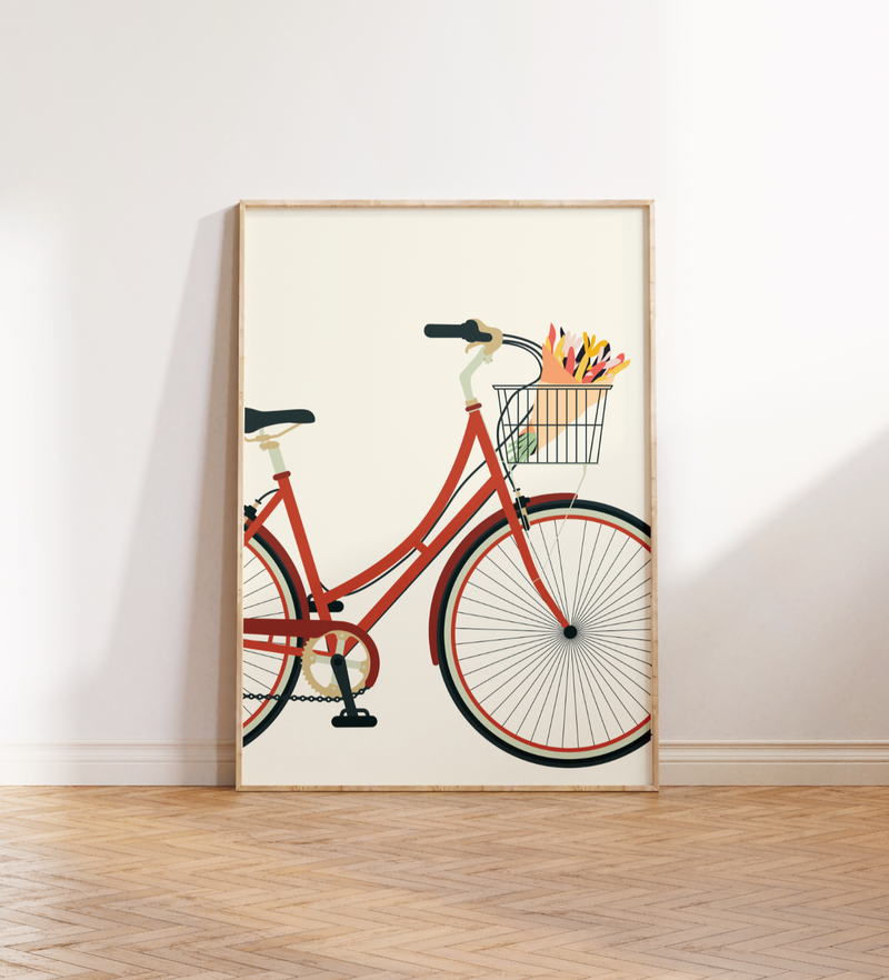 Vintage-inspiriertes Poster mit rotem Damenfahrrad auf beigem Hintergrund, wahlweise mit Blumenstrauß oder Weihnachtsbaum im Korb – minimalistisches Design als Wanddeko für Frühling oder Weihnachten.