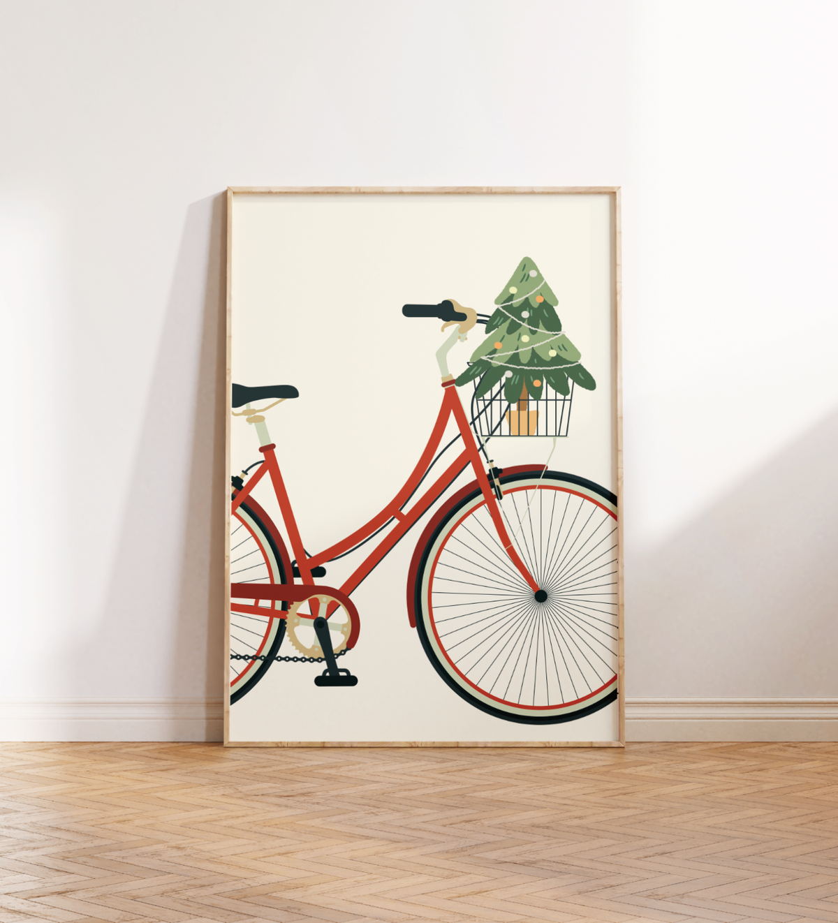Vintage-inspiriertes Poster mit rotem Damenfahrrad auf beigem Hintergrund, wahlweise mit Blumenstrauß oder Weihnachtsbaum im Korb – minimalistisches Design als Wanddeko für Frühling oder Weihnachten.