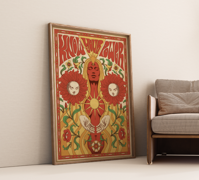 Hippie Poster – Vintage 70s Deco Retro Wandkunst mit inspirierendem Spruch "Woman, know your Power" in warmem Rot & Beige. Fineart Druck auf 200 g/m² Premium-Papier.