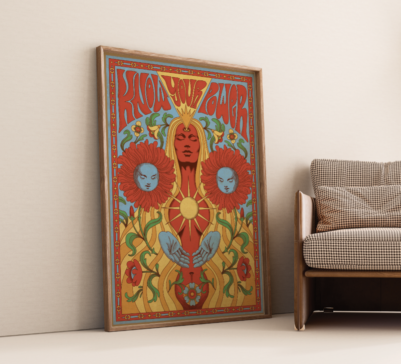Hippie Poster – Vintage 70s Deco Retro Wandkunst mit inspirierendem Spruch "Woman, know your Power" in warmem Rot & Beige. Fineart Druck auf 200 g/m² Premium-Papier.