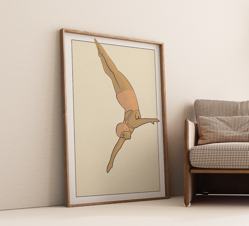 Retro Turmspringerin Poster Fineart-Druck auf 200 g/m² Premium-Papier, perfekte Vintage-Deko für Wohnzimmer & Badezimmer. Erhältlich in Grün, Rot & Beige, verschiedene Größen & Sonderformen verfügbar.