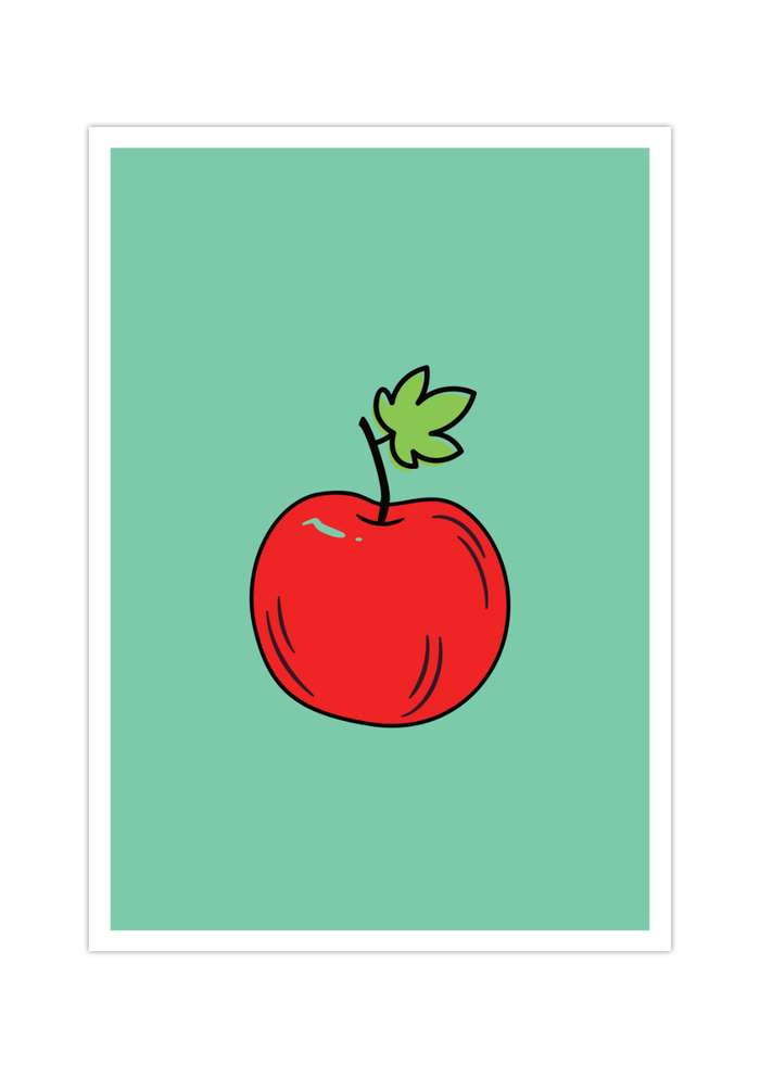 Dieses schöne Poster zeigt einen Apfel auf grünem Hintergrund im minimalistischen Stil. 