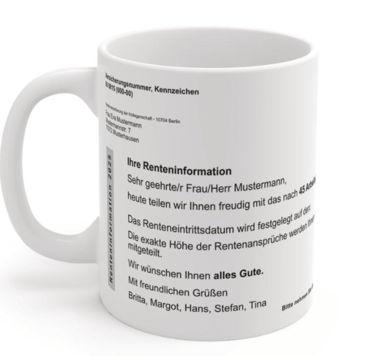 Personalisierte Rentenbescheid-Tasse – Individuell gestaltbar mit Namen, Datum und persönlichen Texten. Hochwertige Keramik, Panorama-Druck, spülmaschinenfest. Perfektes Geschenk zum Ruhestand!