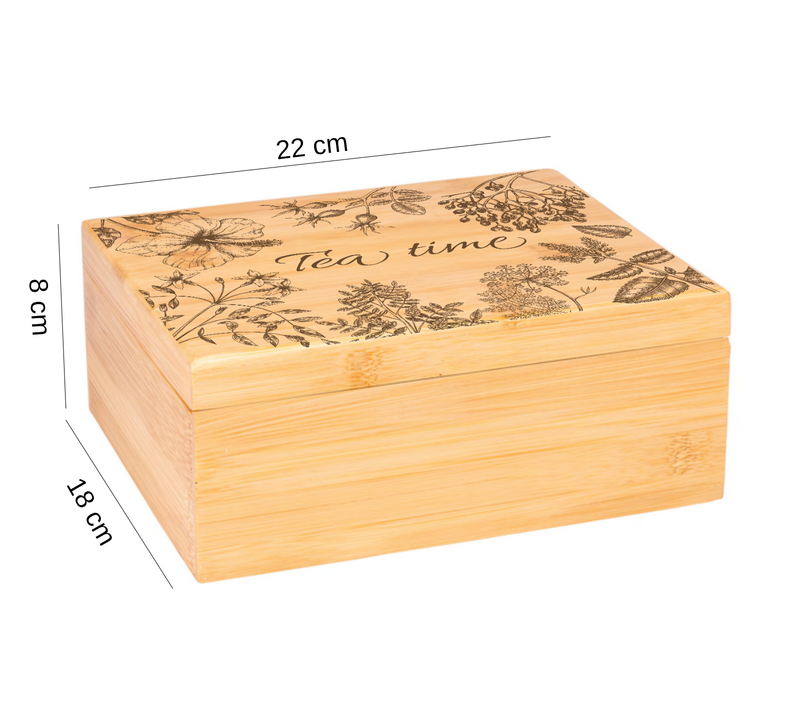 Die Teebox aus Bambus mit 6 Fächern ist ideal für alle Teeliebhaber. Die Holzkiste ist auf der Außenseite mit "Tea Time" graviert.