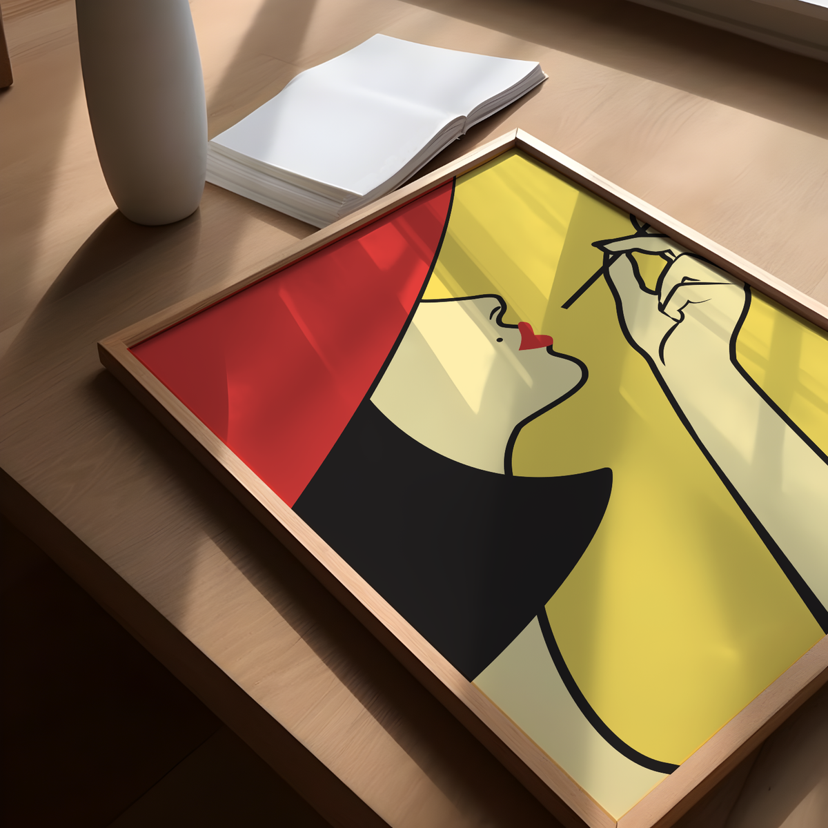 Das Poster zeigt eine elegante Frau der 20 Jahre, die raucht. Das Bild ist in Gelb und Rot gehalten. Das feministische Poster ist perfekt für alle elegante Frauen und dekorativ in jedem Raum, ob Wohn- oder Schlafzimmer.