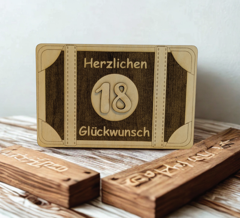 Gravierte Geschenkkarte aus Holz mit Koffer, Geldfach & Wunschtext – 14 x 9 cm, 6 mm dick. Alter & Spruch personalisierbar. Einzigartig zum Geburtstag!