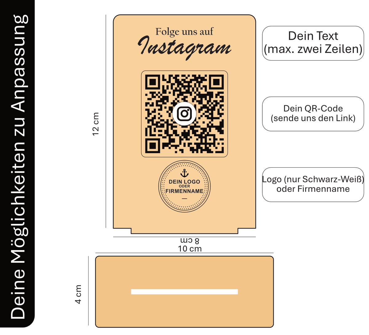 Social Media QR-Code Aufsteller aus Holz – Individuell für Instagram, TikTok, LinkedIn & mehr. Wunschtext & Logo/Firmennamen gravierbar. Hochwertige Theke-Deko inkl. Fuß. Jetzt personalisieren!