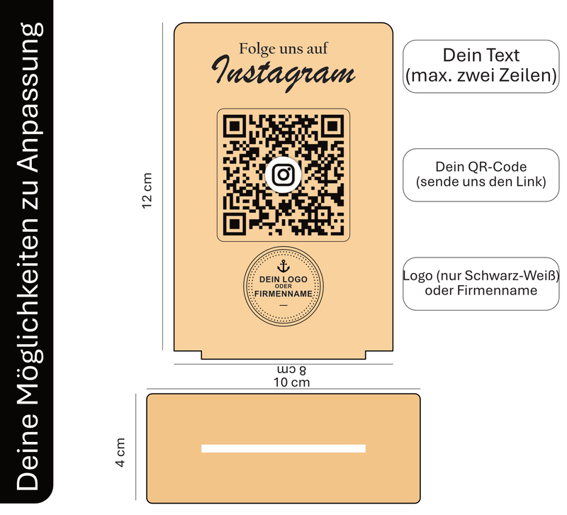 Social Media QR-Code Aufsteller aus Holz – Individuell für Instagram, TikTok, LinkedIn & mehr. Wunschtext & Logo/Firmennamen gravierbar. Hochwertige Theke-Deko inkl. Fuß. Jetzt personalisieren!