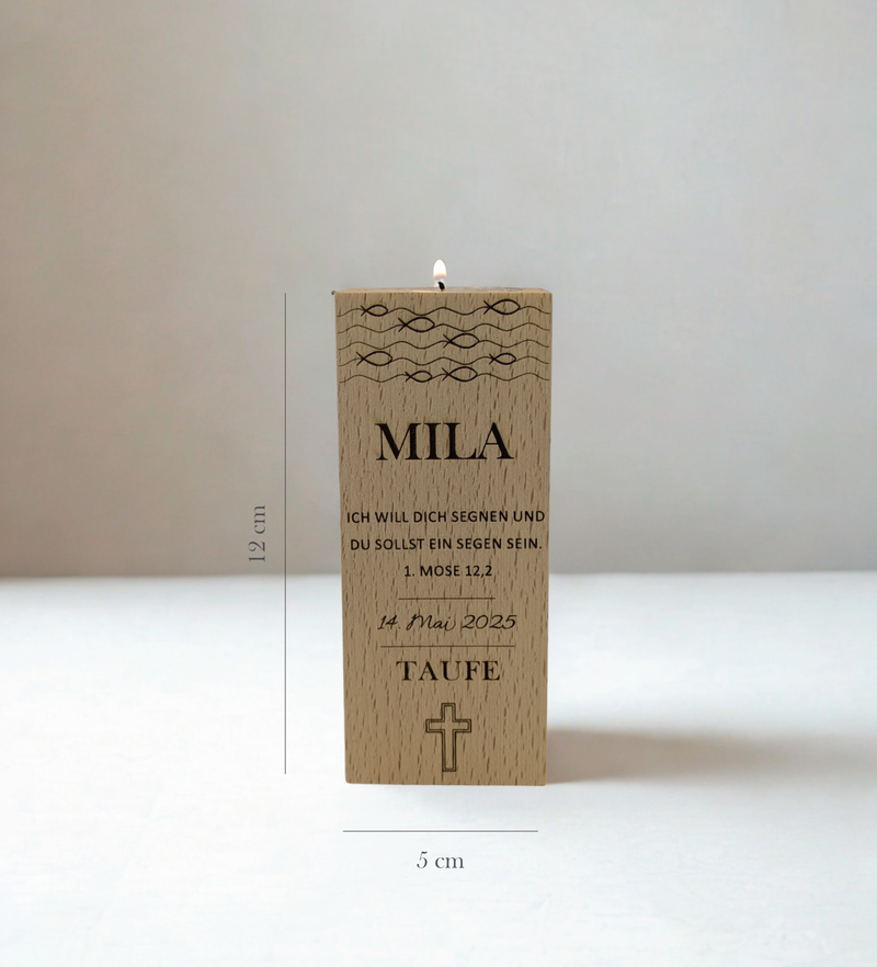 Kerzenhalter aus Holz für Teelicht mit Kreuz, christlichen Fischen & Gravur. Mit Name, Datum & Wunschtext personalisierbar. Geschenk zur Taufe & Kommunion.