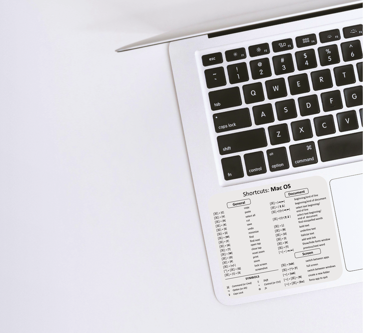 Der transparente und abwaschbare Aufkleber zeigt die nützlichsten englischen Tastenkürzel für MacOS. 