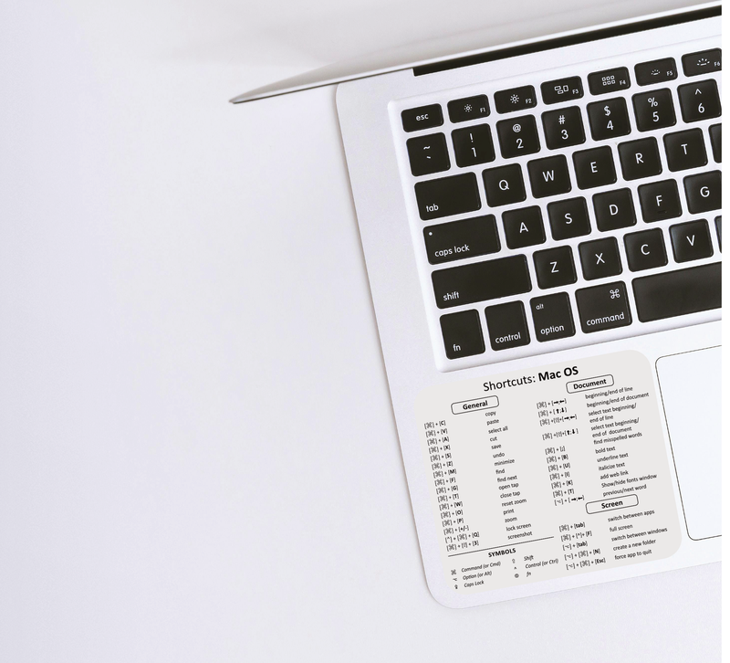 Der transparente und abwaschbare Aufkleber zeigt die nützlichsten englischen Tastenkürzel für MacOS. 