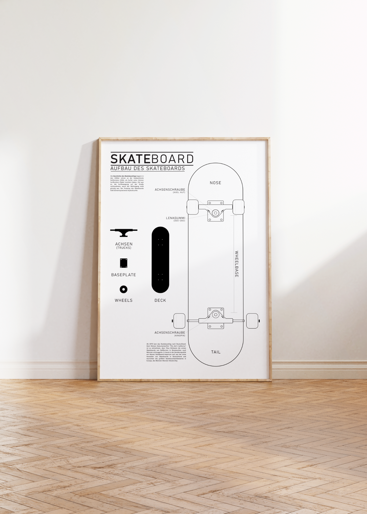 Dieses Poster zeigt dir des Aufbaus eines Skateboards mit Bezeichnungen der einzelnen Teile und Komponenten. 