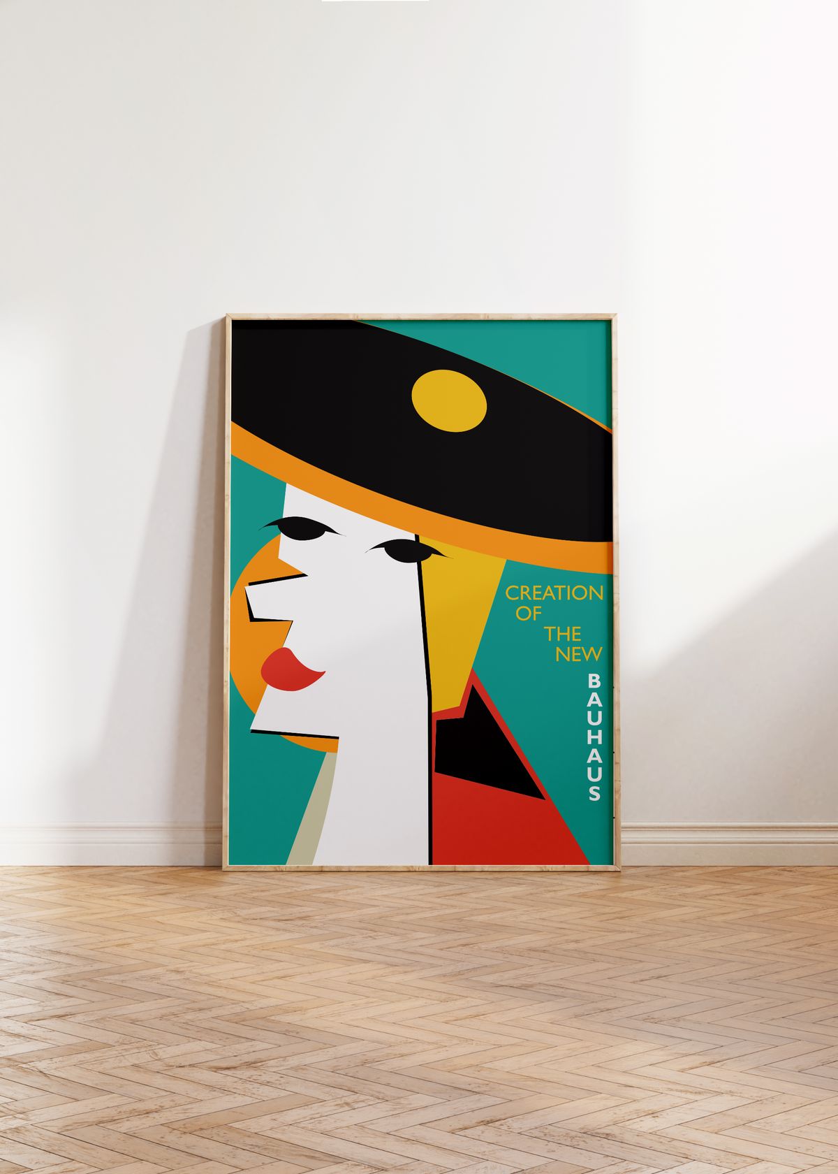 Das Bauhaus Poster zeigt dir in unterschiedlichen geometrischen Formen ein bunt dargestelltes Frauen Gesicht.