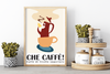 Dieses Poster für die Küche zeigt eine Darstellung einer Kaffeekanne in einer Kaffeetasse, die Kaffee trinkt