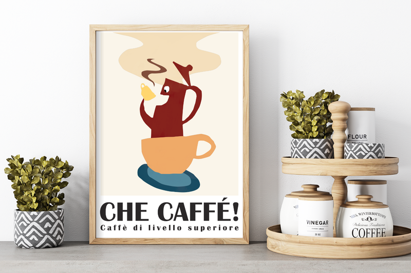 Dieses Poster für die Küche zeigt eine Darstellung einer Kaffeekanne in einer Kaffeetasse, die Kaffee trinkt