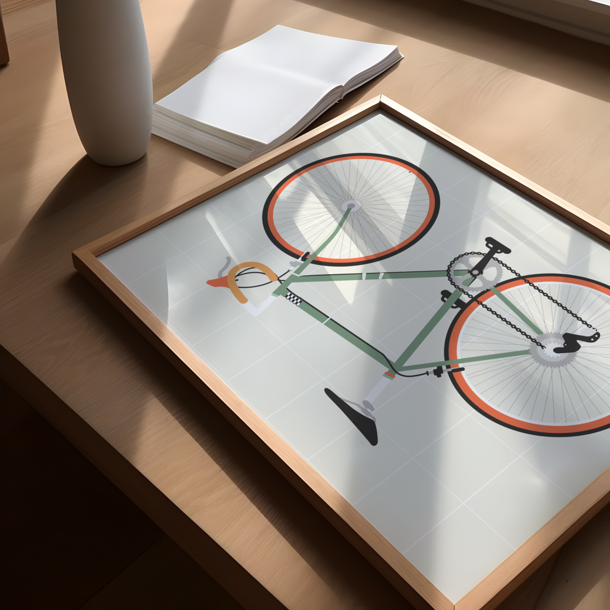 Dieses Poster im minimalistischen Stil zeigt ein grünes Rennrad auf beigen Hintergrund. 