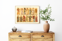 Das Poster von alten Kostümen und Mode ist eine Vintage Lithographie aus Meyers Koversations-Lexikon aus dem Jahr 1890