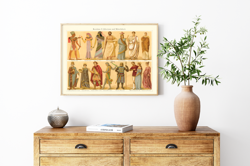 Das Poster von alten Kostümen und Mode ist eine Vintage Lithographie aus Meyers Koversations-Lexikon aus dem Jahr 1890