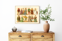 Das Poster von alten Kostümen und Mode ist eine Vintage Lithographie aus Meyers Koversations-Lexikon aus dem Jahr 189