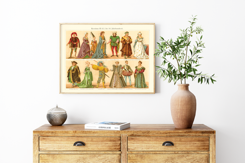 Das Poster von alten Kostümen und Mode ist eine Vintage Lithographie aus Meyers Koversations-Lexikon aus dem Jahr 189