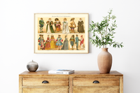 Das Poster von alten Kostümen und Mode ist eine Vintage Lithographie aus Meyers Koversations-Lexikon aus dem Jahr 1890.