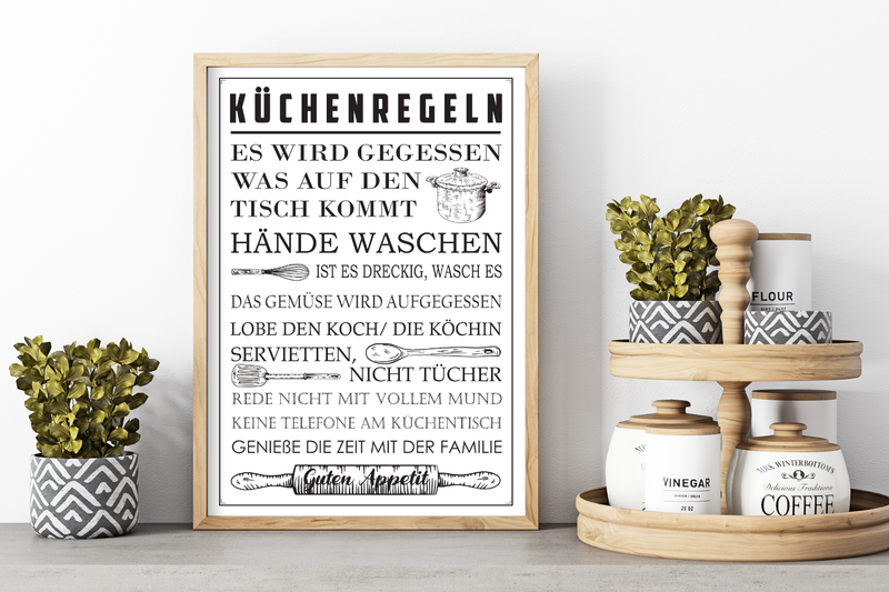 Dieses witzige Küchenposter zeigt die Regeln für deine Küche, mit lustigen Sprüchen ist es die ideale Wanddeko für dein Lieblingszimmer.