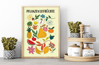 Dieses Küchenposter zeigt verschiedene gezeichnete Früchte und Pflanzen. 