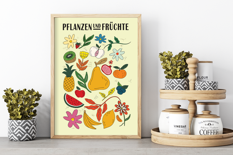 Dieses Küchenposter zeigt verschiedene gezeichnete Früchte und Pflanzen. 