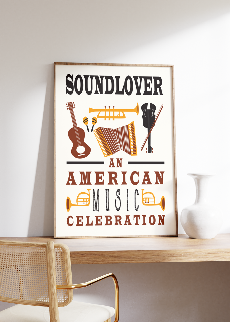 Das Bild zeigt ein retro Musik Poster im zeitgenössischen Stil mit verschiedenen Instrumenten. 