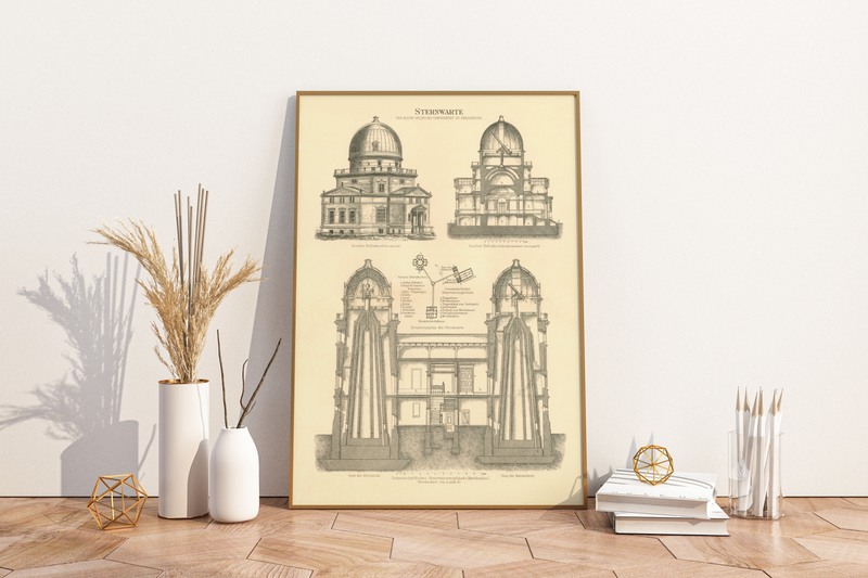 Das Poster einer Sternwarte ist eine Vintage Lithographie aus Meyers Koversations-Lexikon aus dem Jahr 1890.