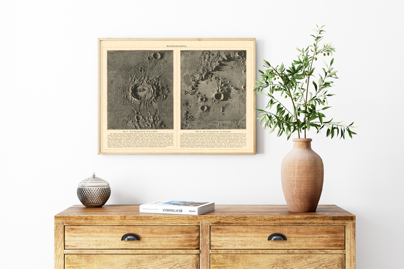 Das Poster von Mondlandschaften ist eine Vintage Lithographie aus Meyers Koversations-Lexikon aus dem Jahr 1890.