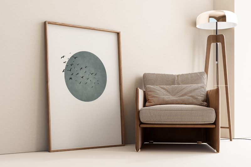 Poster Vogelschwarm vor Sonne | grau