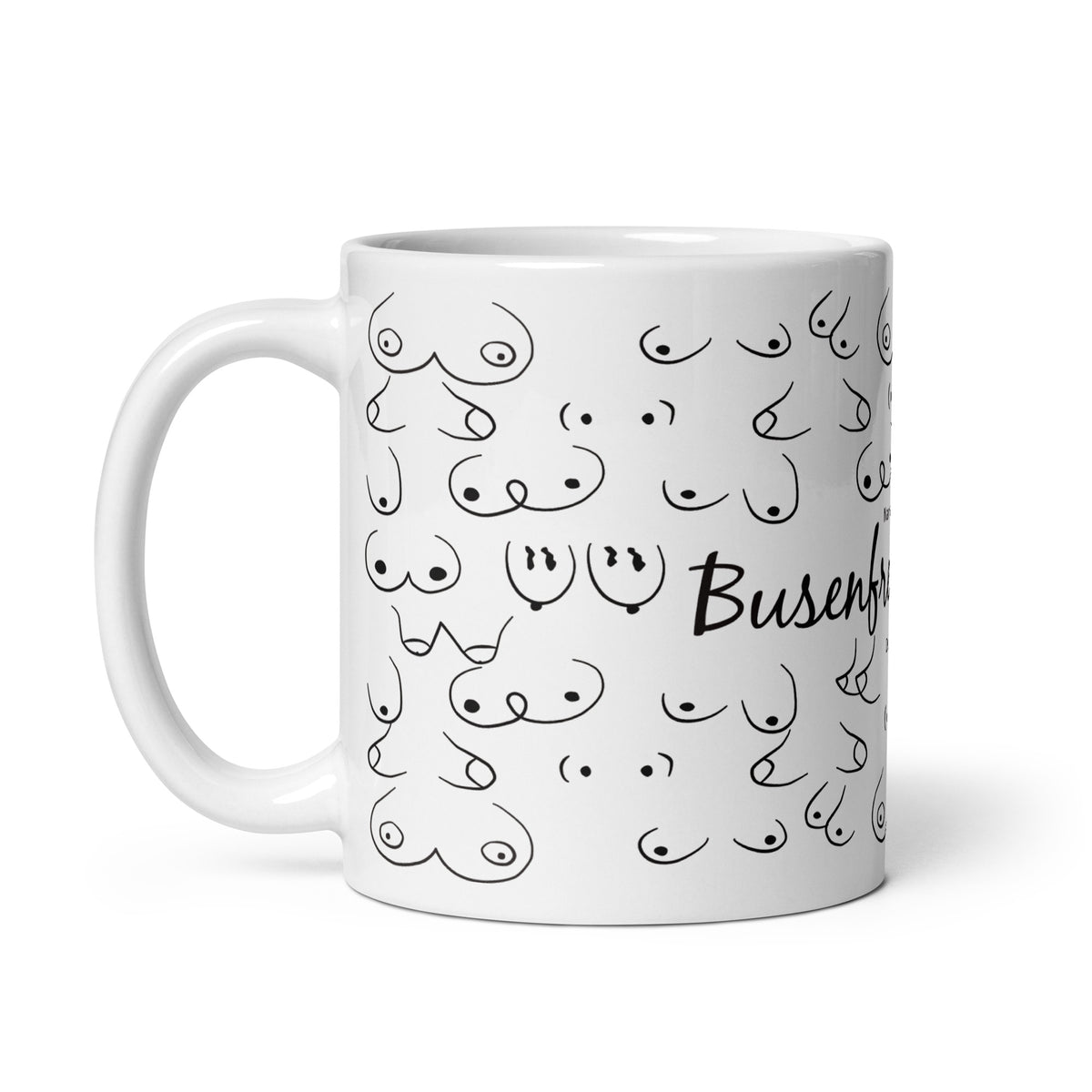 Die personalisierbare Tasse für deine beste Freundin zeigt unterschiedliche Formen von Brüsten und das Wort Busenfreundinnen. 